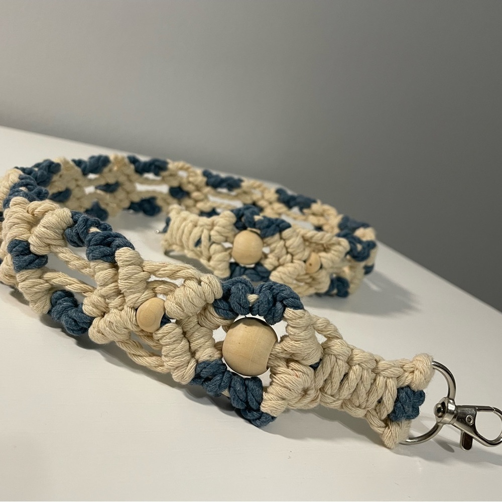 Macrame Purse Strap Cream Blue‎ Handmade Silver Hardware Bag Strap